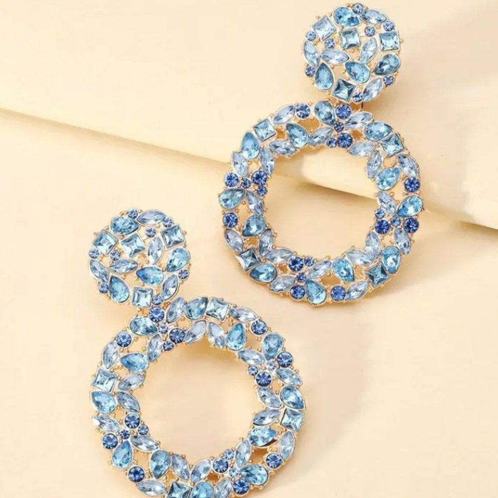 Blue Rhinestone Hoop Drop Earrings Statement Crystal Gold Tone Dangle Glam - Picture 4 of 5